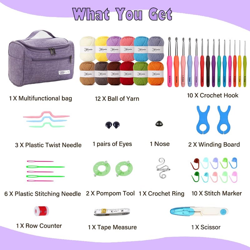 Yarniss Crochet Kits for Beginners with Instruction, All-Inclusive Crochet Set Include 840 Yards Yarn&14 Sizes Crochet Hooks, Crocheting Kit for Adult with Bag,Purple - Image 2