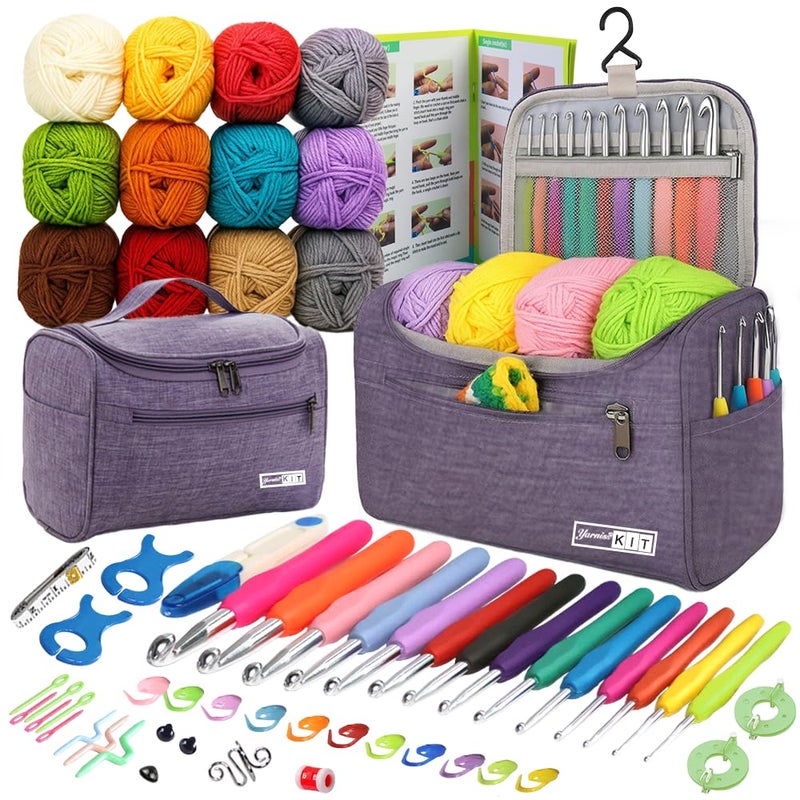 Yarniss Crochet Kits for Beginners with Instruction, All-Inclusive Crochet Set Include 840 Yards Yarn&14 Sizes Crochet Hooks, Crocheting Kit for Adult with Bag,Purple - Image 1
