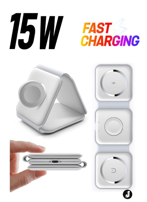 "NEW 3-in-1 Foldable Magnetic Wireless Charger – 15W Mag-Safe Charging Station for iPhone, Apple Watch & AirPods (White)"