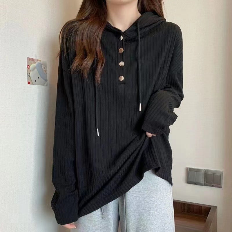 Pit Strip Hooded T-Shirt Womens Autumn Design Sense Loose Long-sleeved Sweater Base-layer Shirt Slim-looking Meat-covered Top for Women Black  - Image 1