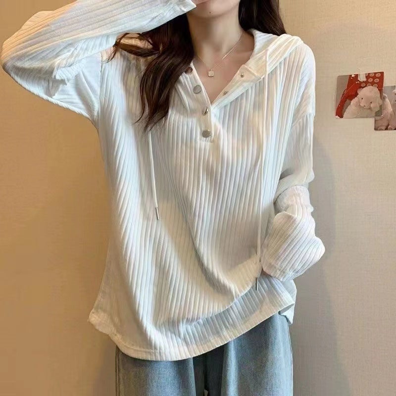 Pit Strip Hooded T-Shirt Womens Autumn Design Sense Loose Long-sleeved Sweater Base-layer Shirt Slim-looking Meat-covered Top for Women Black  - Image 2