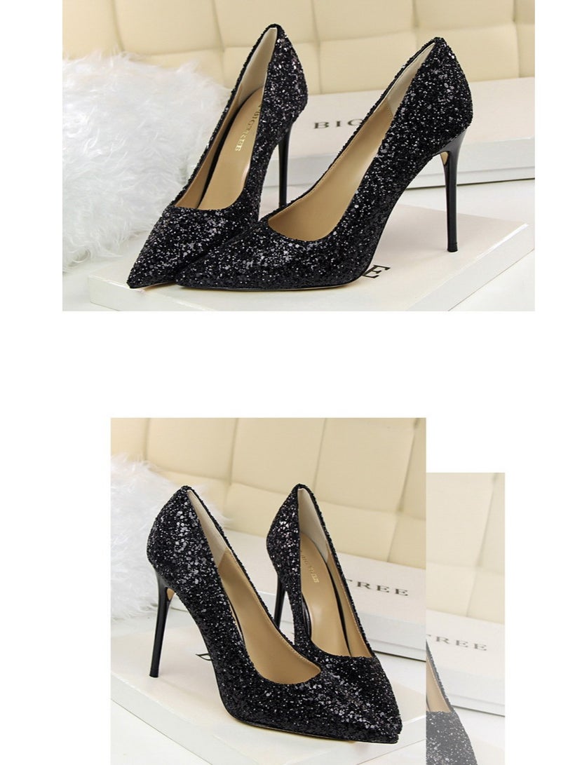 BIGTREE 10سم حذاء كعب نحيف براق أسود للنساء بتصميم أوروبي ببطن ضحل مدبب - Image 2