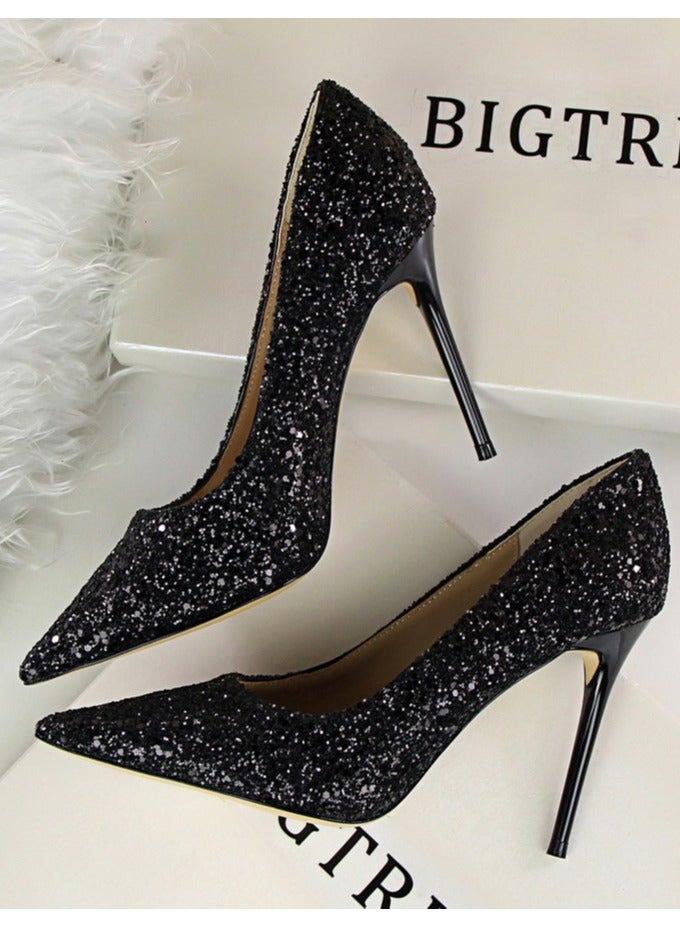 BIGTREE 10سم حذاء كعب نحيف براق أسود للنساء بتصميم أوروبي ببطن ضحل مدبب - Image 1
