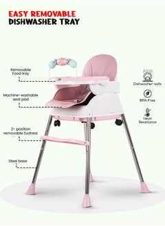 BAYBEE 4 In 1 Nora Convertible High Chair For Kids With Adjustable Height And Footrest Baby Toddler Feeding Booster Seat With Tray Safety Belt Kids High Chair For Baby 6 Months To 4 Years Pink  - Image 3
