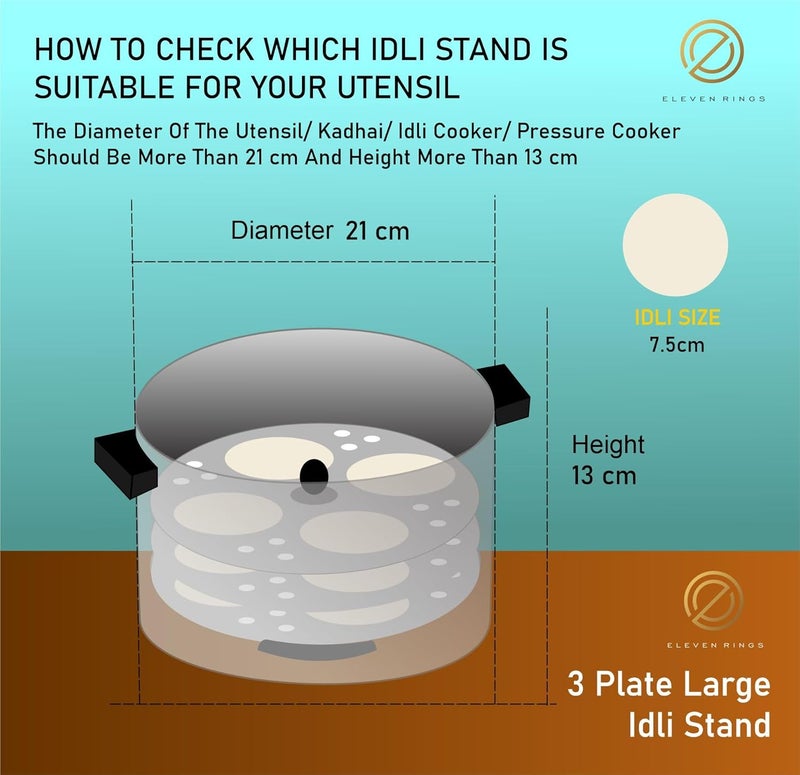 Eleven Rings 3 Plates Stainless Steel Heavy Quality Idli StandIdli Maker Makes 12 Large Size Idlis at Once - Image 2