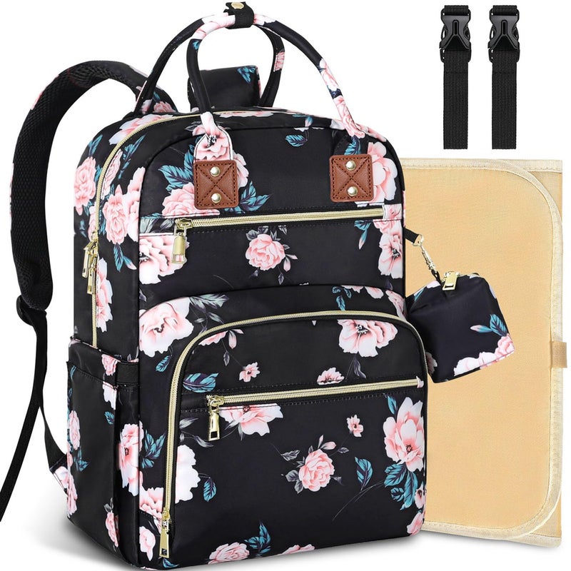 Tenot Baby Diaper Bag Backpack Travel Diaper Bags for Girl Boy Large Capacity Baby Bag Backpack for Women Black Floral