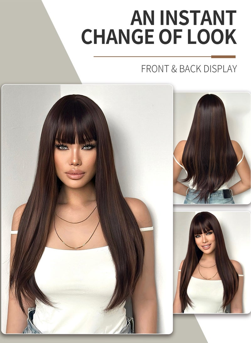 باروكة شعر صناعية أنيقة باللون البني والأصفر للنساء - شريط شعر مستقيم طويل متعدد الطبقات بطول 66.04 سم مع غرة، كثافة عالية 150%، مقاوم للحرارة، مناسب للاستخدام اليومي وأنيق - Image 1