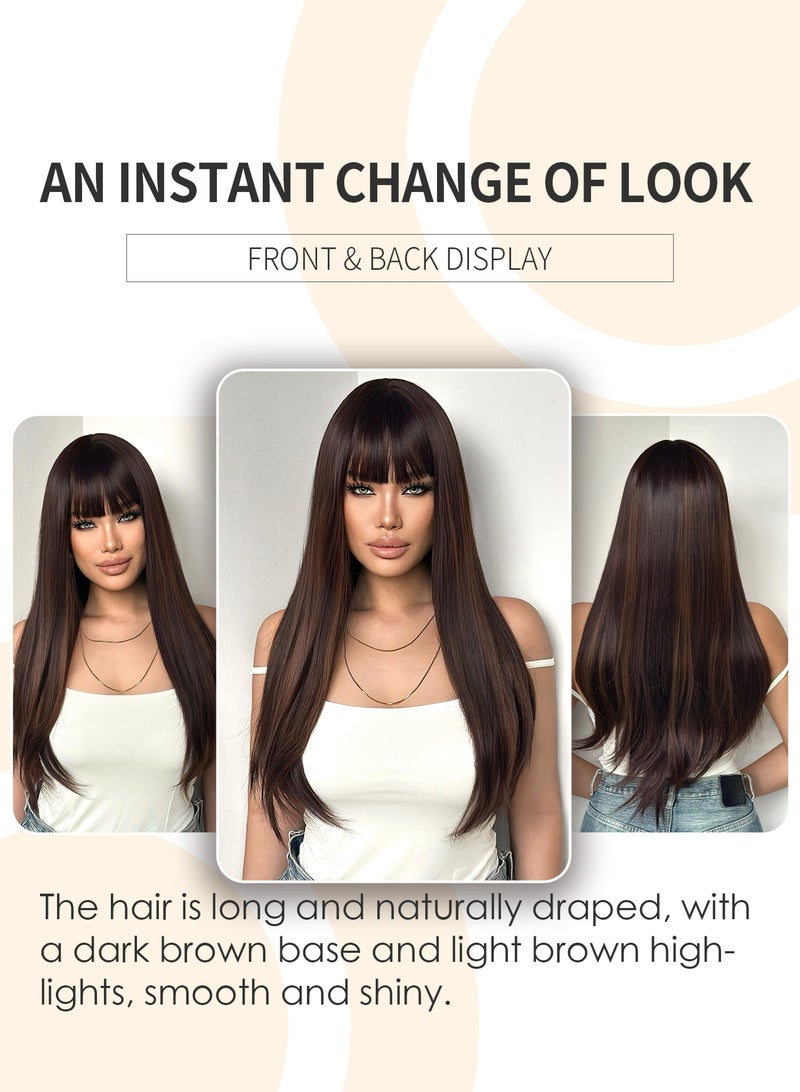 باروكة شعر صناعية أنيقة باللون البني والأصفر للنساء - شريط شعر مستقيم طويل متعدد الطبقات بطول 66.04 سم مع غرة، كثافة عالية 150%، مقاوم للحرارة، مناسب للاستخدام اليومي وأنيق - Image 4