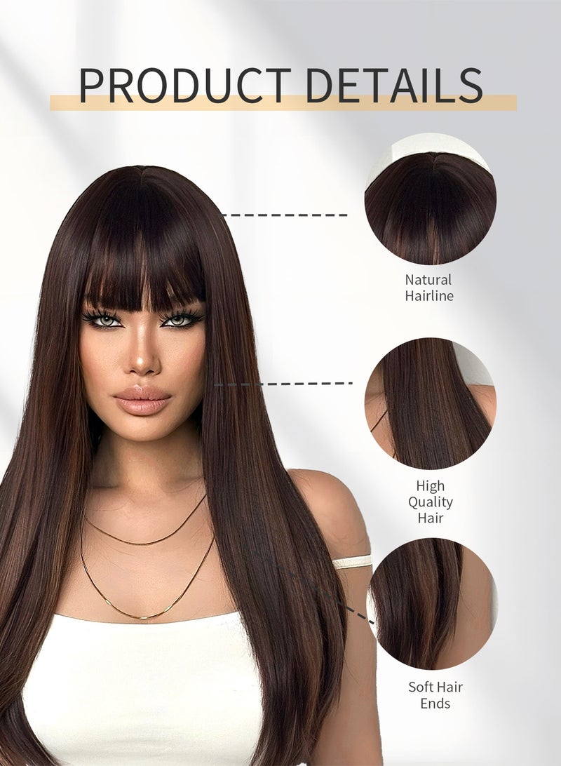 باروكة شعر صناعية أنيقة باللون البني والأصفر للنساء - شريط شعر مستقيم طويل متعدد الطبقات بطول 66.04 سم مع غرة، كثافة عالية 150%، مقاوم للحرارة، مناسب للاستخدام اليومي وأنيق - Image 2