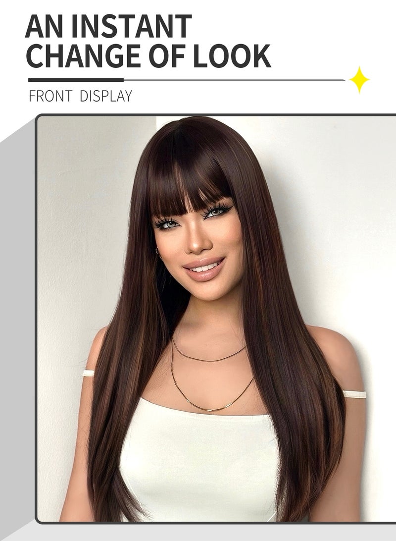 باروكة شعر صناعية أنيقة باللون البني والأصفر للنساء - شريط شعر مستقيم طويل متعدد الطبقات بطول 66.04 سم مع غرة، كثافة عالية 150%، مقاوم للحرارة، مناسب للاستخدام اليومي وأنيق - Image 5