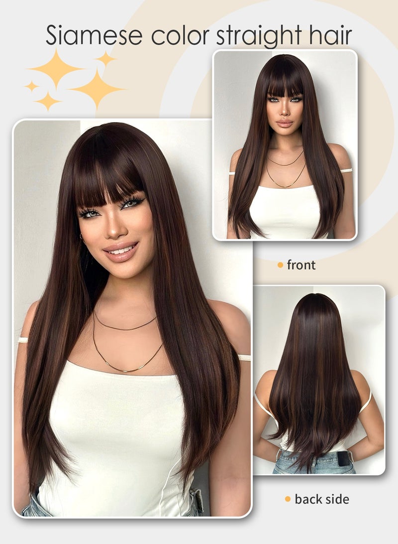 باروكة شعر صناعية أنيقة باللون البني والأصفر للنساء - شريط شعر مستقيم طويل متعدد الطبقات بطول 66.04 سم مع غرة، كثافة عالية 150%، مقاوم للحرارة، مناسب للاستخدام اليومي وأنيق - Image 3