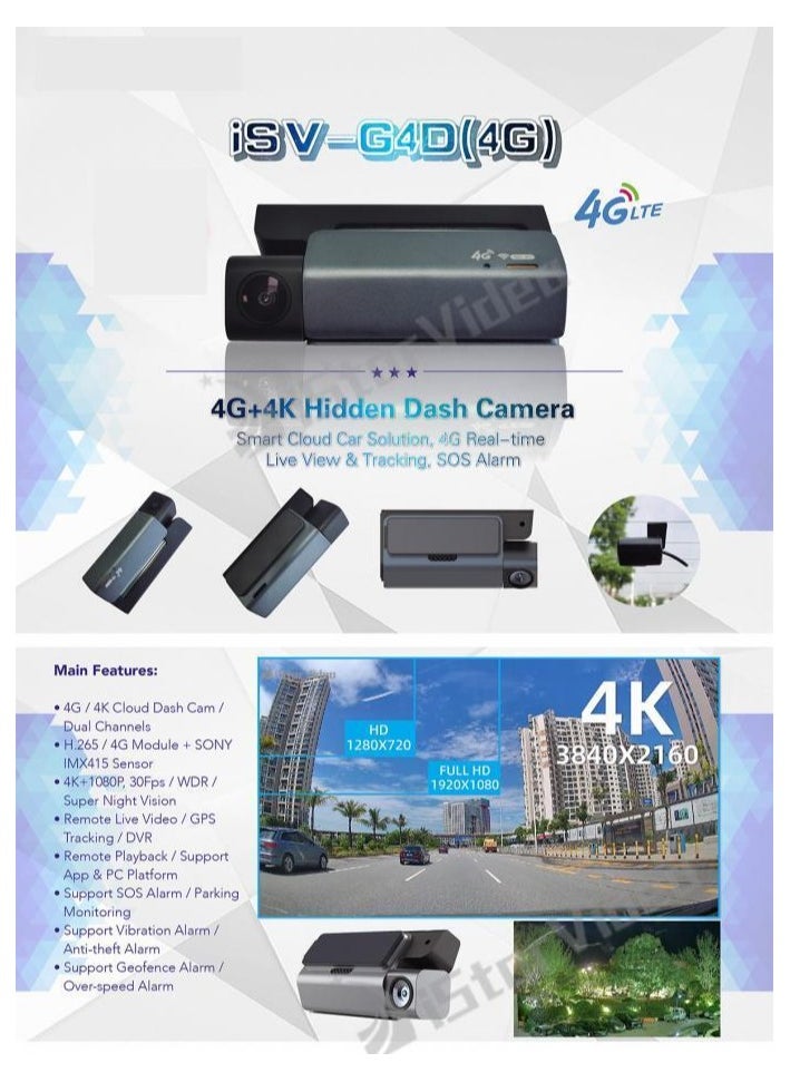 4G LTE Sim Dash Cam, 4K Front UHD WDR Camera and Rear Camera, 4G Remote Monitoring, Real-time GPS Tracking, Anti-Theft, Geo-Fence Alarm supports upto 512GB micro SD Card