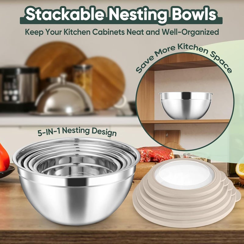 Herogo 5-Piece Mixing Bowls with Airtight Clear Lids, 3 Grater Attachments, Stainless Steel Salad Bowls for Kitchen, Size 4.6, 3.5, 2.5, 2, 1.5QT Ideal for Baking, Prepping and Serving, Khaki - Image 4