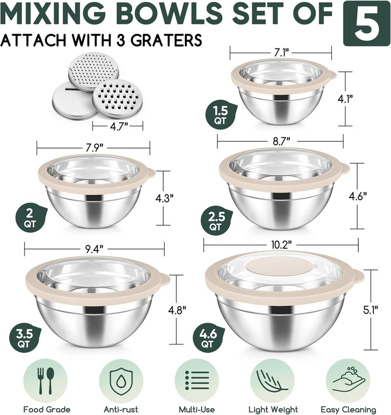 Herogo 5-Piece Mixing Bowls with Airtight Clear Lids, 3 Grater Attachments, Stainless Steel Salad Bowls for Kitchen, Size 4.6, 3.5, 2.5, 2, 1.5QT Ideal for Baking, Prepping and Serving, Khaki - Image 2