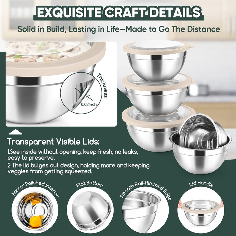 Herogo 5-Piece Mixing Bowls with Airtight Clear Lids, 3 Grater Attachments, Stainless Steel Salad Bowls for Kitchen, Size 4.6, 3.5, 2.5, 2, 1.5QT Ideal for Baking, Prepping and Serving, Khaki - Image 3