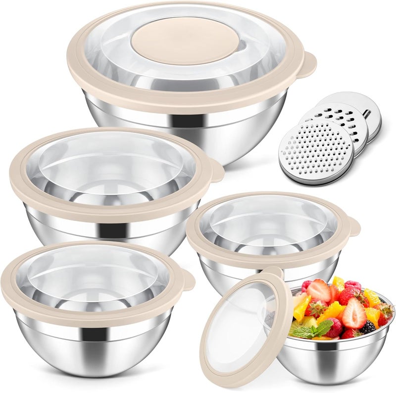 Herogo 5-Piece Mixing Bowls with Airtight Clear Lids, 3 Grater Attachments, Stainless Steel Salad Bowls for Kitchen, Size 4.6, 3.5, 2.5, 2, 1.5QT Ideal for Baking, Prepping and Serving, Khaki - Image 1