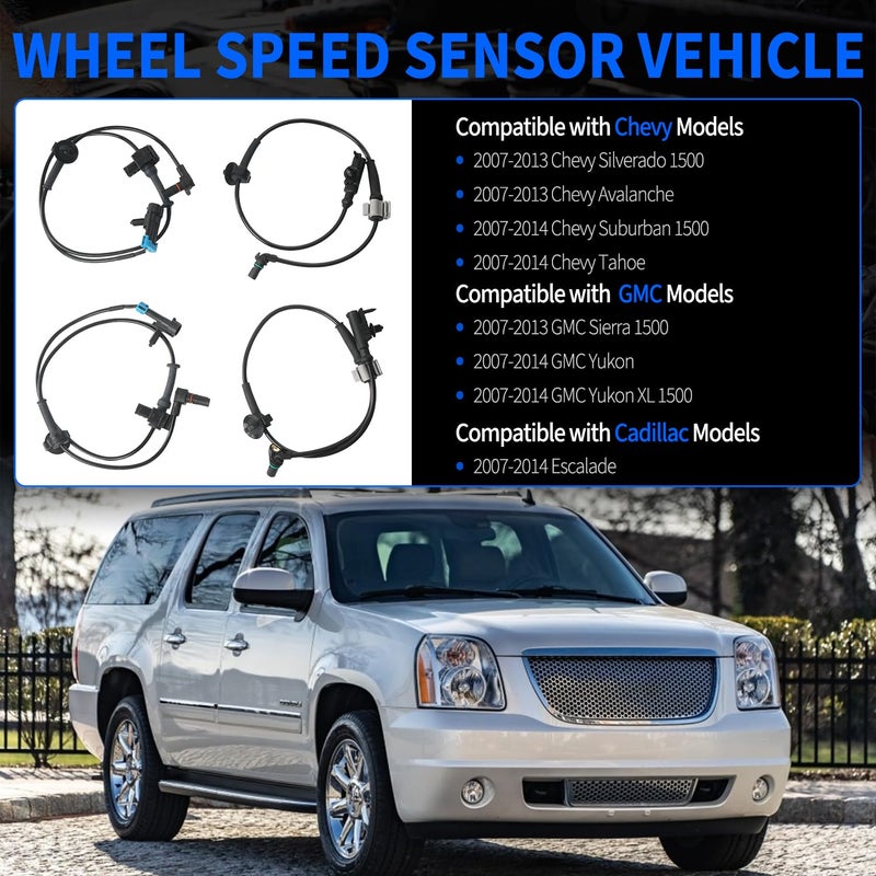FRONEZER 4PCS ABS Wheel Speed Sensor Front & Rear Left Right Fit for 2007-2014 Chevy Silverado 1500 Avalanche Suburban 1500 Tahoe, GMC Yukon XL 1500, Escalade Replace# 15229012, 15121067, ALS1464, ALS1465, - Image 2