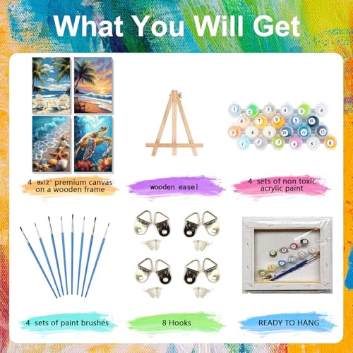 xackcme 4 Pack Paint by Numbers for Adults with Framed Canvas - with Wooden Easel, Beach Paint by Number on Canvas, DIY Sea Turtle Acrylic Oil Painting Kits with Brushes for Home Wall Decor (8x12 inch) - Image 4