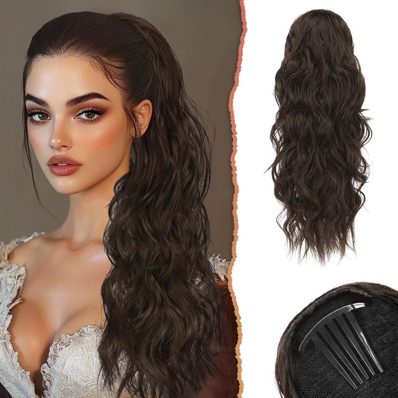 SOFEIYAN Drawstring Ponytail Extension 24 Inch Wavy Curly Clip on Hairpiece Comb Clip in Ponytail Extensions Layered Fluffy Thick Pony Tails Hair Extension Synthetic Hairpieces for WomenDark Brown