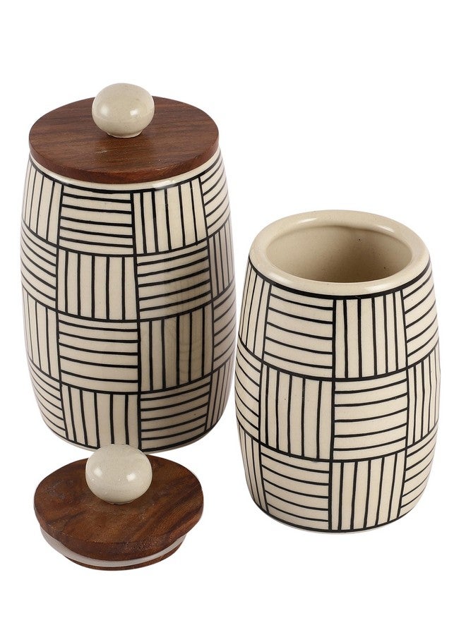 miah decor Ceramic Jars For Kitchen Storage with Wooden Lid Handpainted Line Design Pickle Spices Stoneware Jar Box -(Big/Small Size (HxW):-6.5X3/6X2.7 inches;Volume Big/Small:- 600/ 400ml) - Image 4