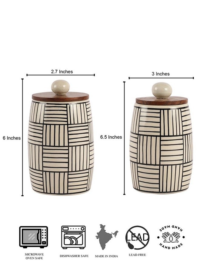 miah decor Ceramic Jars For Kitchen Storage with Wooden Lid Handpainted Line Design Pickle Spices Stoneware Jar Box -(Big/Small Size (HxW):-6.5X3/6X2.7 inches;Volume Big/Small:- 600/ 400ml) - Image 3