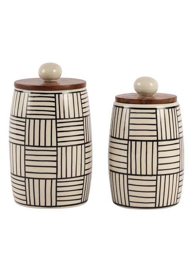 miah decor Ceramic Jars For Kitchen Storage with Wooden Lid Handpainted Line Design Pickle Spices Stoneware Jar Box -(Big/Small Size (HxW):-6.5X3/6X2.7 inches;Volume Big/Small:- 600/ 400ml) - Image 2