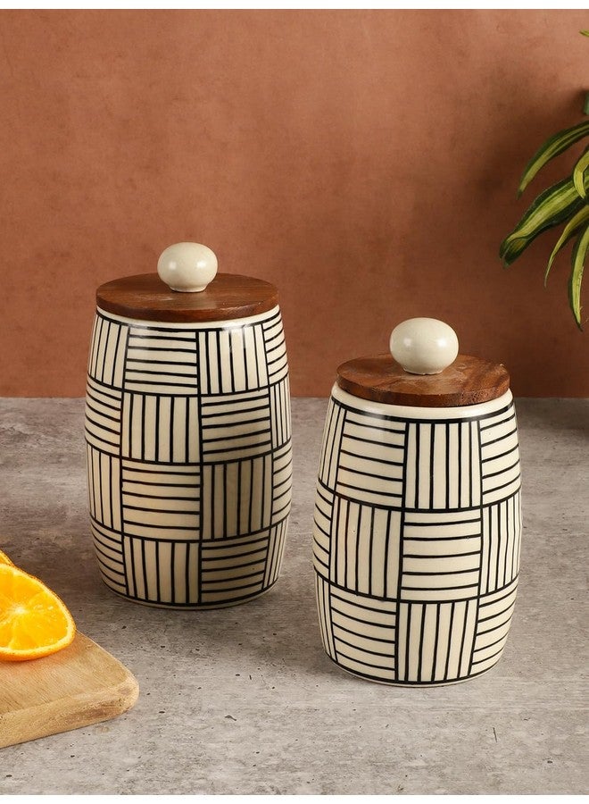 miah decor Ceramic Jars For Kitchen Storage with Wooden Lid Handpainted Line Design Pickle Spices Stoneware Jar Box -(Big/Small Size (HxW):-6.5X3/6X2.7 inches;Volume Big/Small:- 600/ 400ml) - Image 5