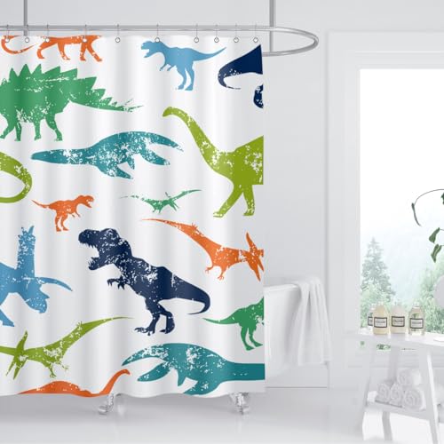 ZXMBF Dinosaur Shower Curtain Colorful Kid Cartoon Jurassic Children Dino Elasmosaurs Themed Bath Curtain Waterproof Fabric Bathroom Decor 72x72 Inch Plastic Hooks 12 PCS - Image 2