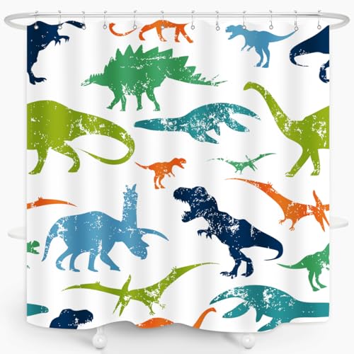 ZXMBF Dinosaur Shower Curtain Colorful Kid Cartoon Jurassic Children Dino Elasmosaurs Themed Bath Curtain Waterproof Fabric Bathroom Decor 72x72 Inch Plastic Hooks 12 PCS - Image 3
