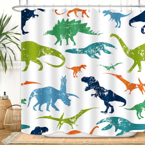 ZXMBF Dinosaur Shower Curtain Colorful Kid Cartoon Jurassic Children Dino Elasmosaurs Themed Bath Curtain Waterproof Fabric Bathroom Decor 72x72 Inch Plastic Hooks 12 PCS - Image 1