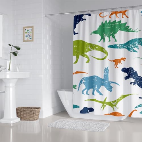 ZXMBF Dinosaur Shower Curtain Colorful Kid Cartoon Jurassic Children Dino Elasmosaurs Themed Bath Curtain Waterproof Fabric Bathroom Decor 72x72 Inch Plastic Hooks 12 PCS - Image 5