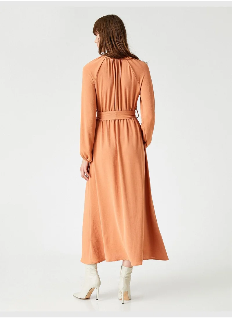 KOTON Shirred Neck Maxi Dress Tie Waist