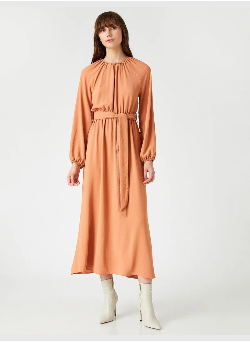 KOTON Shirred Neck Maxi Dress Tie Waist