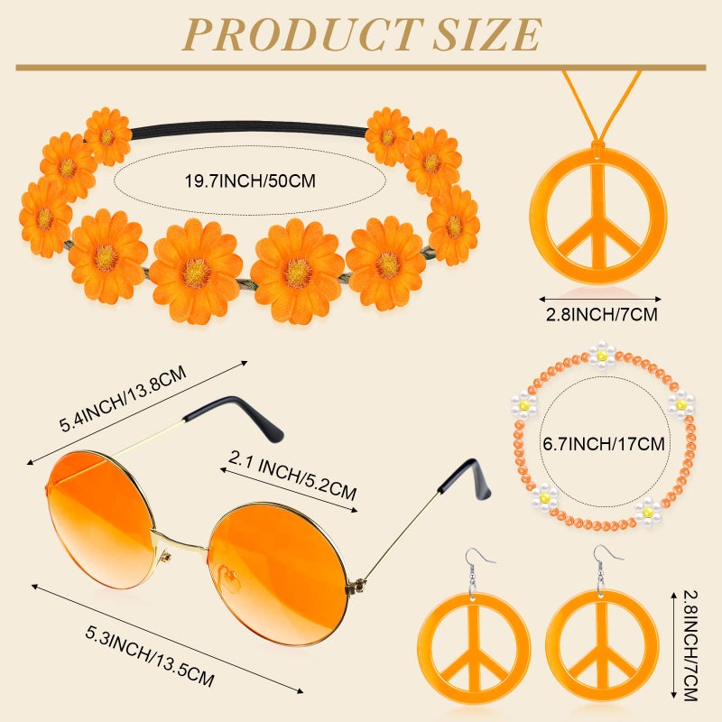Batiyeer 6 Pcs Hippie Costume Accessories Set, Boho Peace Sign Daisy Flower 60s 70s Party Favors Decor for Groovy Party Women(Orange) - Image 2