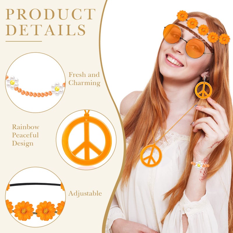 Batiyeer 6 Pcs Hippie Costume Accessories Set, Boho Peace Sign Daisy Flower 60s 70s Party Favors Decor for Groovy Party Women(Orange) - Image 3