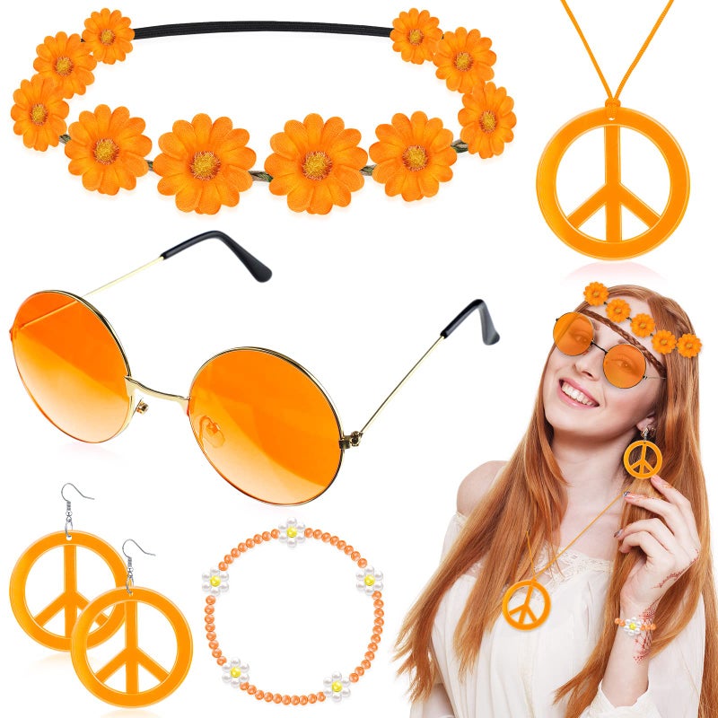 Batiyeer 6 Pcs Hippie Costume Accessories Set, Boho Peace Sign Daisy Flower 60s 70s Party Favors Decor for Groovy Party Women(Orange) - Image 1