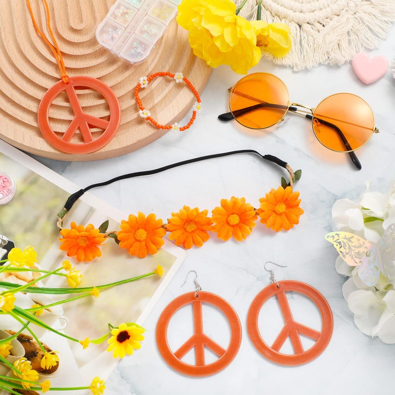 Batiyeer 6 Pcs Hippie Costume Accessories Set, Boho Peace Sign Daisy Flower 60s 70s Party Favors Decor for Groovy Party Women(Orange) - Image 4