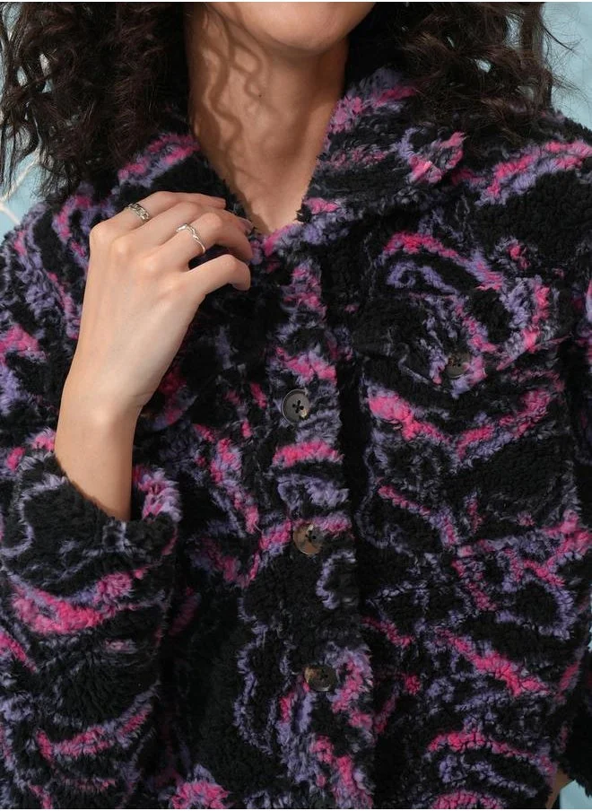 Tokyo Talkies Tokyo Talkies Abstract Print Button Detail Collared Jacket