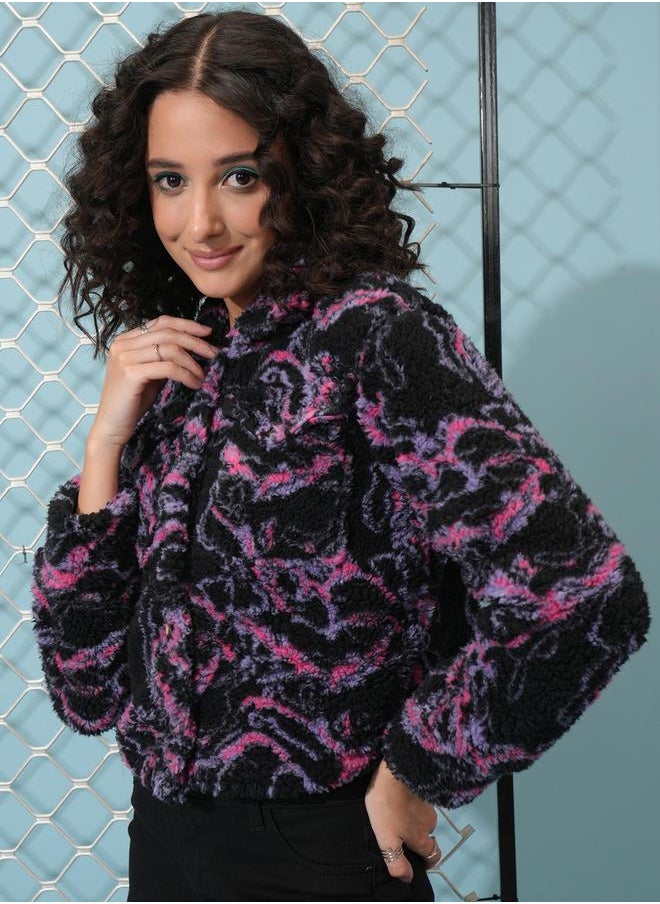 Tokyo Talkies Abstract Print Button Detail Collared Jacket by Styli  - Image 4