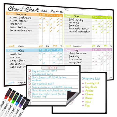 JJPRO Magnetic Dry Erase Chore Chart Set for Fridge-Used for Multiple Kids-One Chore Chart and Two Bonus Dry Erase Pad/Grocery Boards-Behavior Chart for Multiple Kids - Image 1