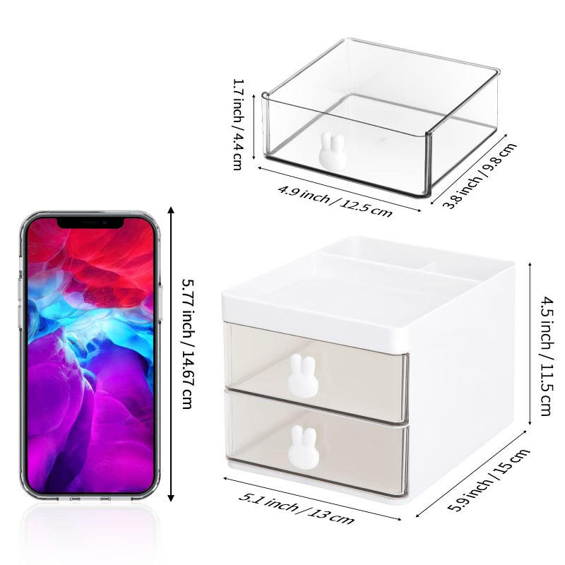 LETURE Small Desk Organizer With Drawer, Office Desktop Storage Box, Business Card/Pen/Pencil/Mobile Phone/Stationery Holder Storage Box, Makeup Organizer for Office School Home (White) - Image 2
