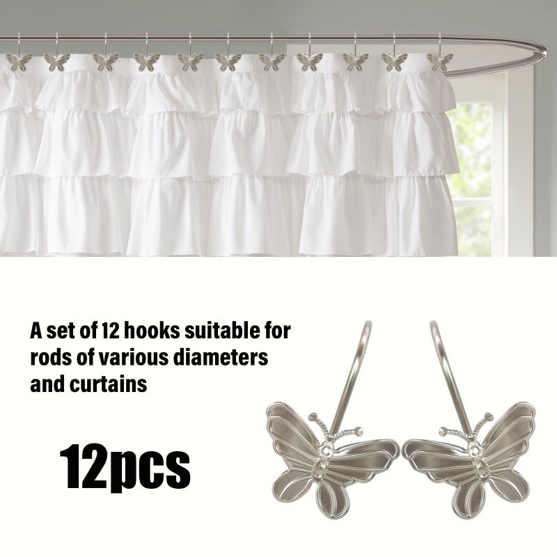 12pcs Silvery Butterfly Shower Curtain Hooks Metal Bathroom Decor - Image 4