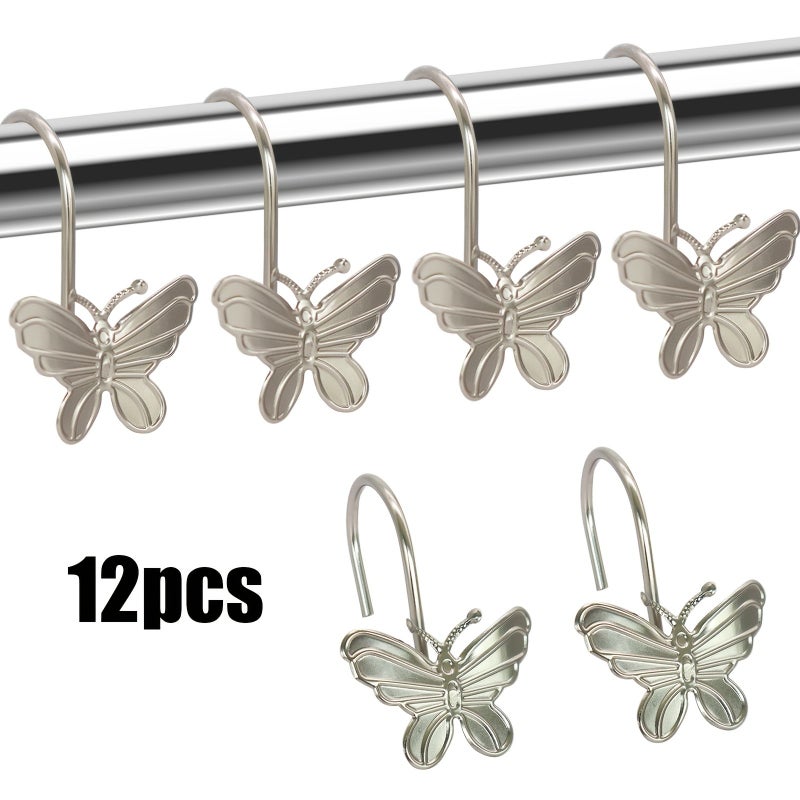 12pcs Silvery Butterfly Shower Curtain Hooks Metal Bathroom Decor - Image 1
