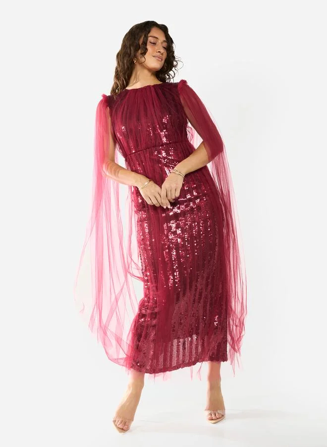 House of Moda Sequin Veil Overlay Evening Maxi Dress
