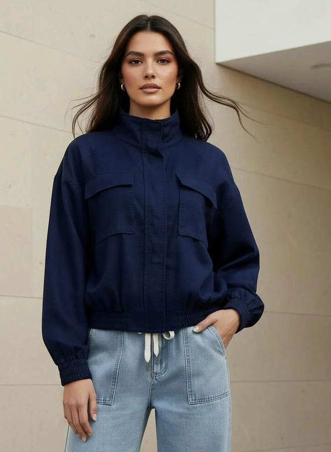 Splash FAV Linen Blend Utility Bomber Jacket with High Neck