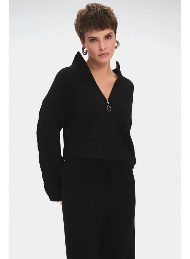 JUNE June Women High Collar Zipper Detailed Openwork/Hole Knitwear Cardigan Black