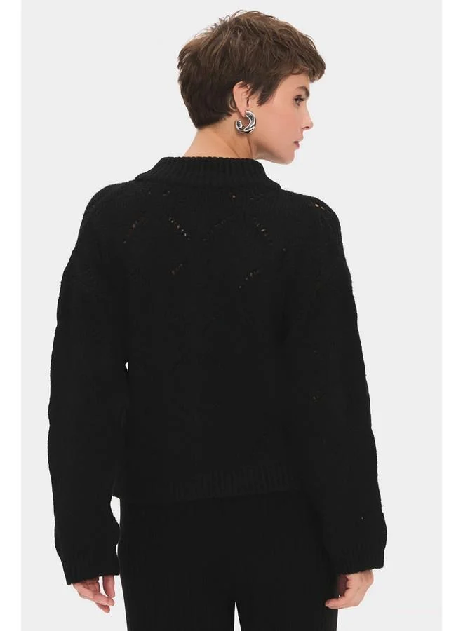JUNE June Women High Collar Zipper Detailed Openwork/Hole Knitwear Cardigan Black