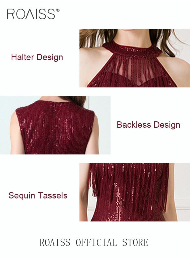 roaiss - Banquet Party Dress for Women Evening Dresses Halter Neck Sequins Knee-Length Sleeveless Prom Ball Gown Wedding Elegant Slim formal Dresses Bridesmaid Dress - Image 1