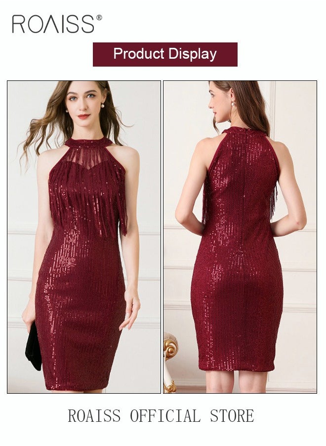 roaiss - Banquet Party Dress for Women Evening Dresses Halter Neck Sequins Knee-Length Sleeveless Prom Ball Gown Wedding Elegant Slim formal Dresses Bridesmaid Dress - Image 1