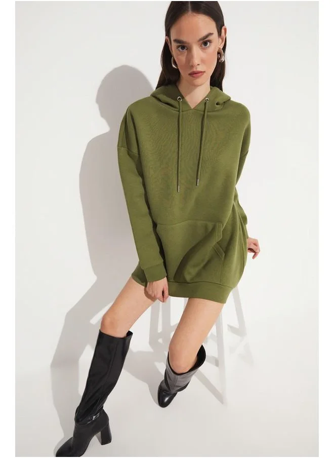 جون June Basic Thick Hooded Sweatshirt Khaki